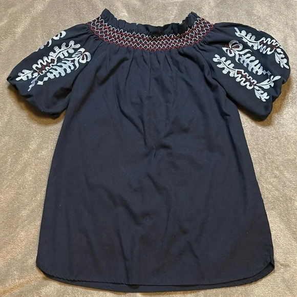 Navy Blue Off the Shoulder Shirt with Embroidery | Rebellion Off the Shoulder - Picture 6 of 13